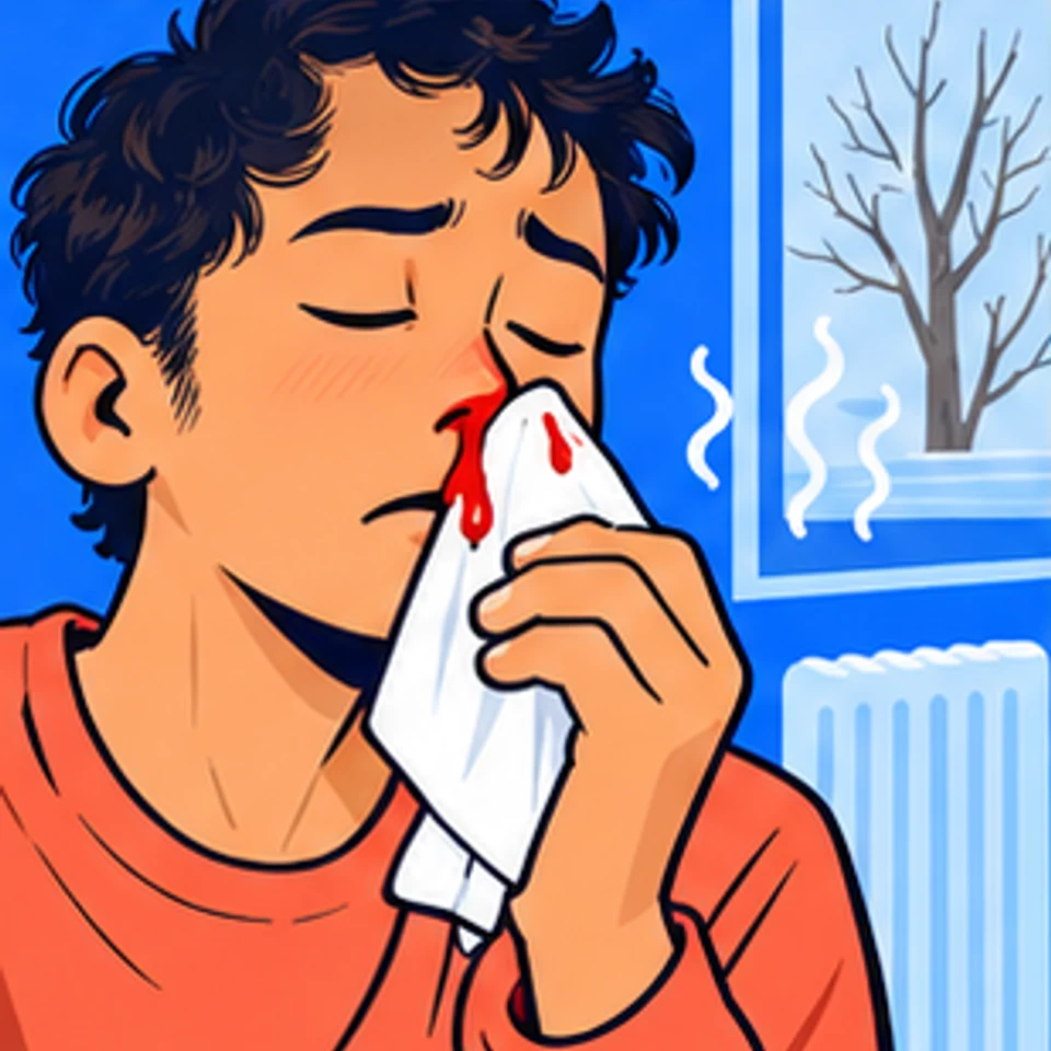 Symbolische Comic-Illustration: Nasenbluten bei trockener Luft.
