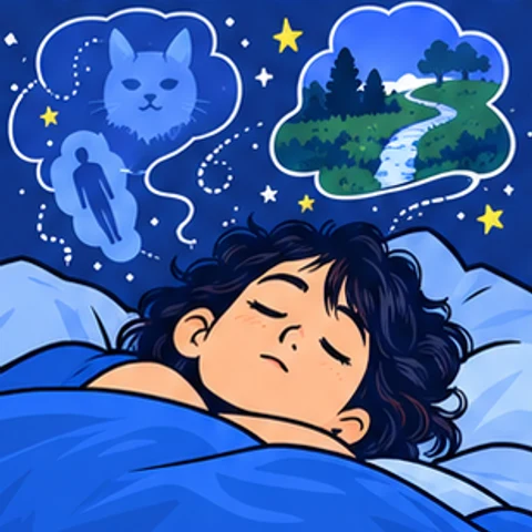 Symbolische Comic-Illustration: Bilder an der Einschlafschwelle.