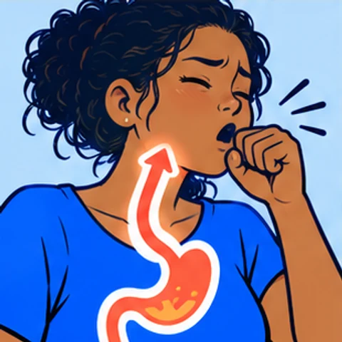 Symbolische Comic-Illustration: Refluxbedingter Kehlkopfhusten.