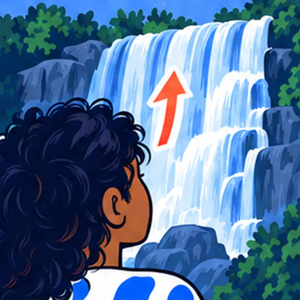 Symbolische Comic-Illustration: Der Wasserfall bewegt sich rückwärts.