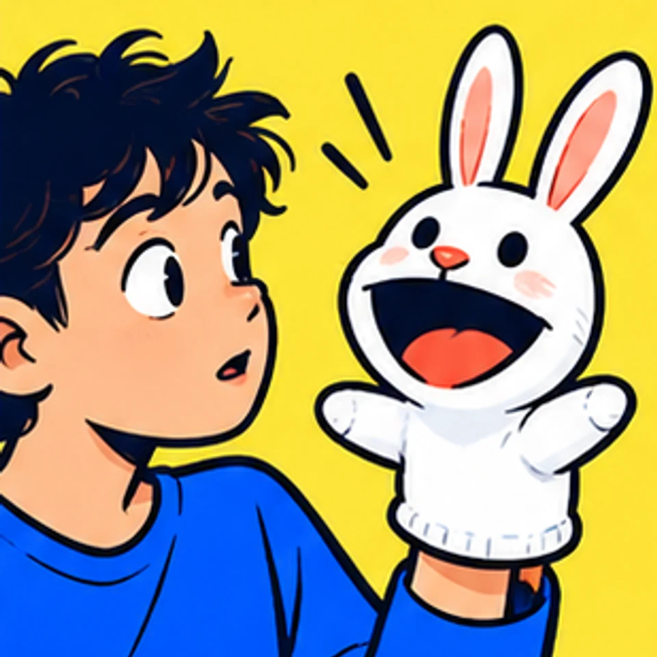 Symbolische Comic-Illustration: Die Stimme aus der Puppe.